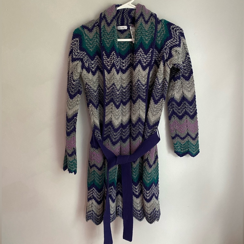 liz & co. Chevron Knit Cardigan in Purple, Green, and Gray Cottagecore